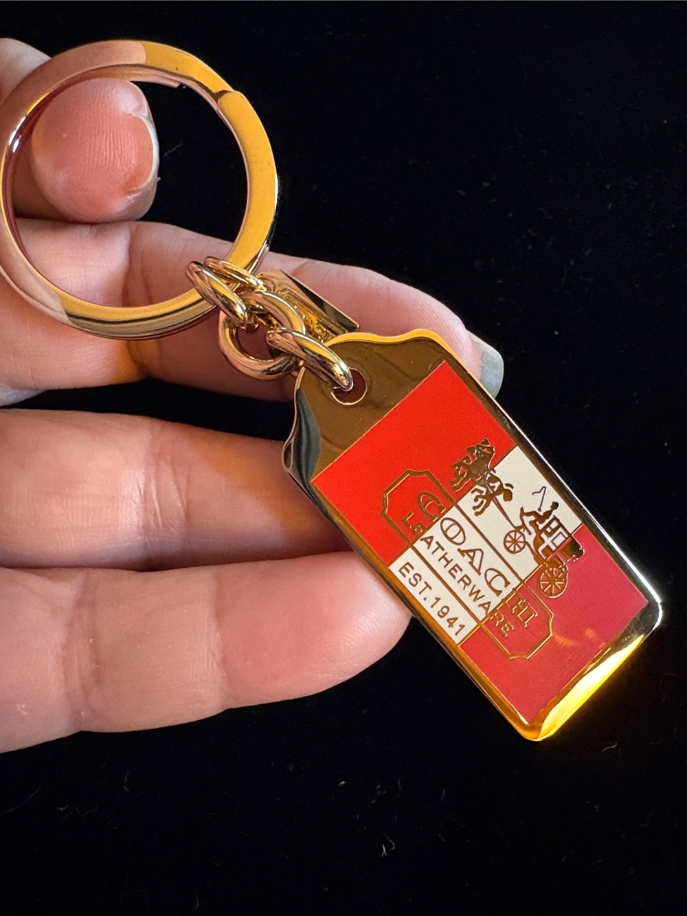 Coach Gold tone with Red and White Logo Tag Keyring